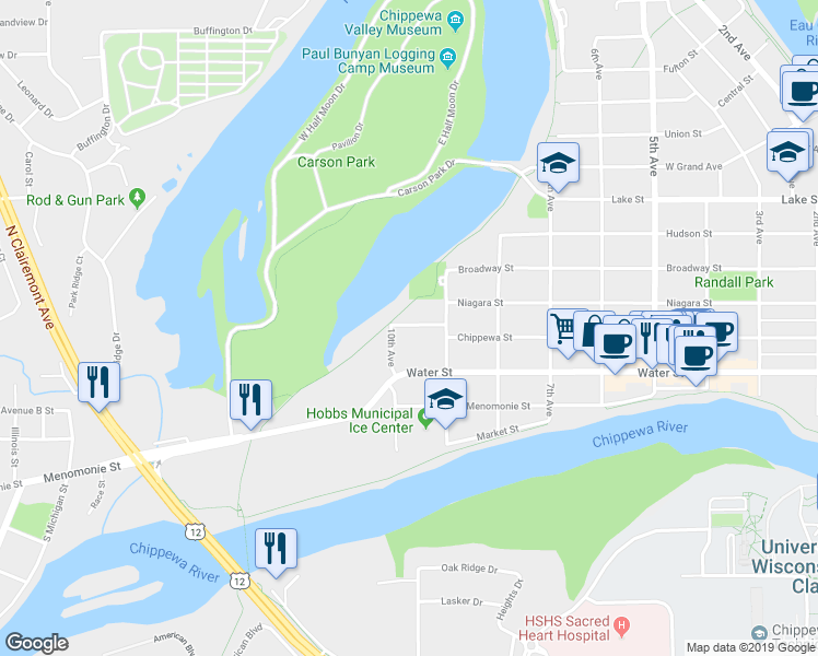 map of restaurants, bars, coffee shops, grocery stores, and more near 921 Lakeside Avenue in Eau Claire