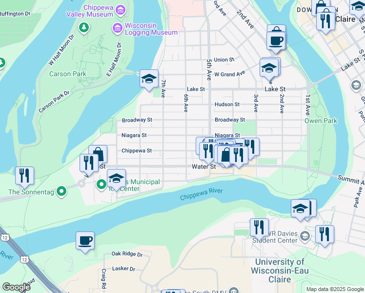 map of restaurants, bars, coffee shops, grocery stores, and more near 304 6th Avenue in Eau Claire