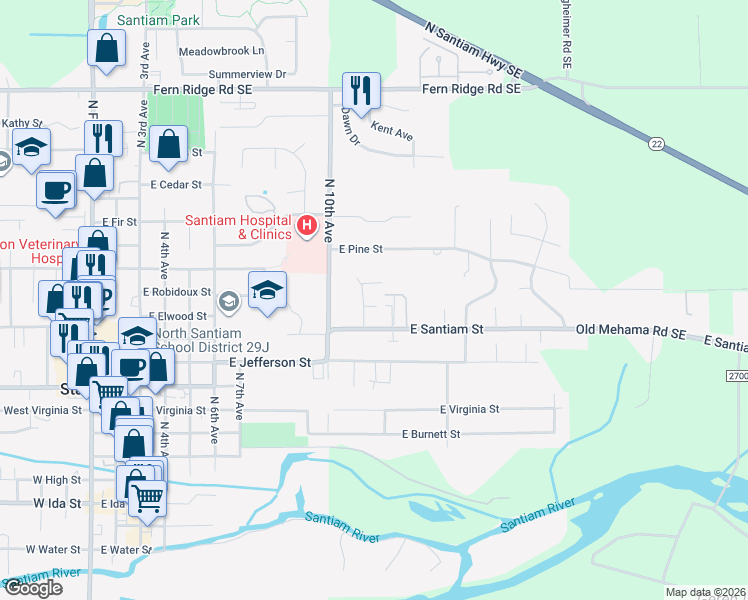 map of restaurants, bars, coffee shops, grocery stores, and more near 1046 Ridgefield Court in Stayton