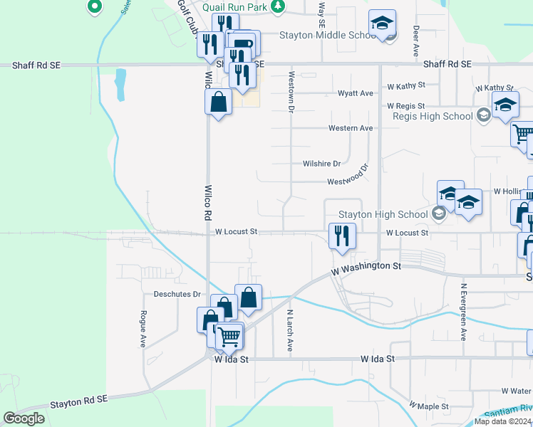 map of restaurants, bars, coffee shops, grocery stores, and more near 1521-1523 Jay Court in Stayton