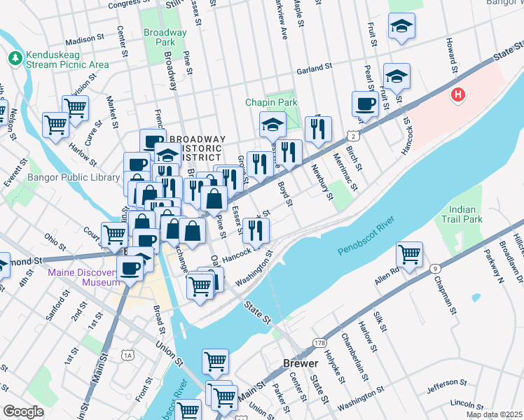 map of restaurants, bars, coffee shops, grocery stores, and more near 17 Adams Street in Bangor