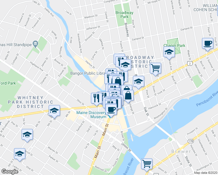 map of restaurants, bars, coffee shops, grocery stores, and more near 123 Franklin Street in Bangor