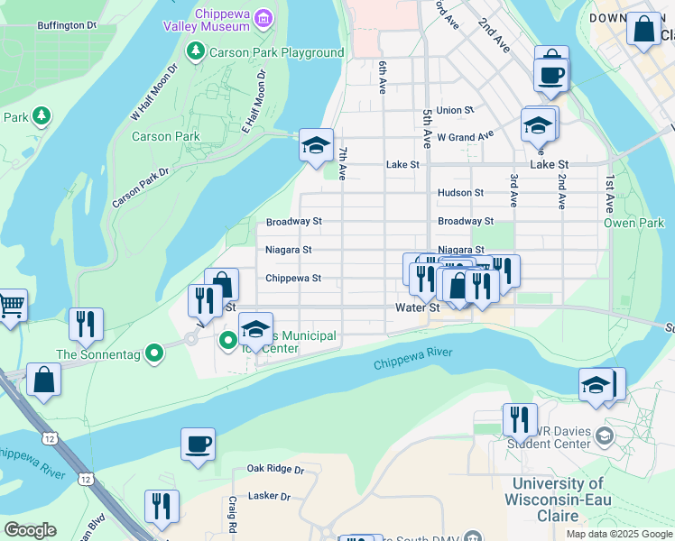 map of restaurants, bars, coffee shops, grocery stores, and more near 640 Chippewa Street in Eau Claire