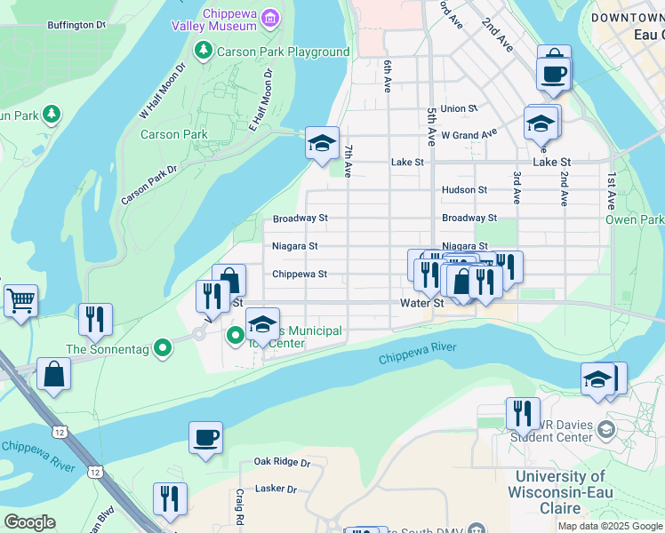 map of restaurants, bars, coffee shops, grocery stores, and more near 728 Chippewa Street in Eau Claire