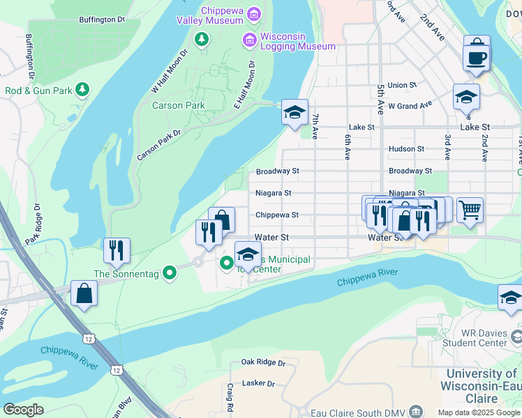 map of restaurants, bars, coffee shops, grocery stores, and more near 812 Chippewa Street in Eau Claire