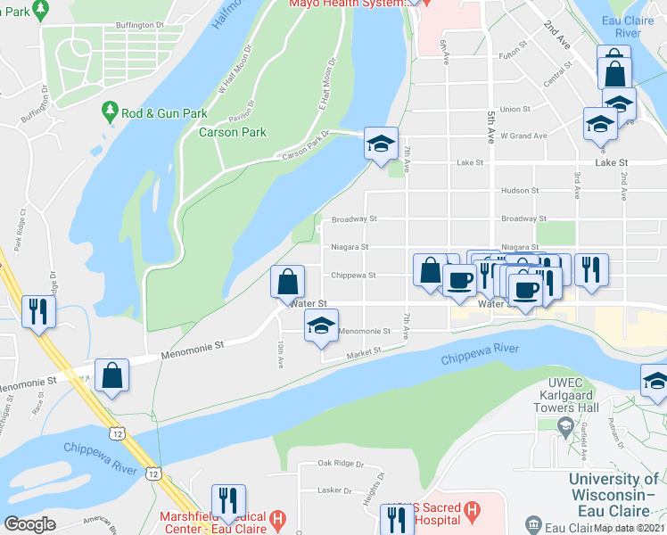 map of restaurants, bars, coffee shops, grocery stores, and more near 308 9th Avenue in Eau Claire