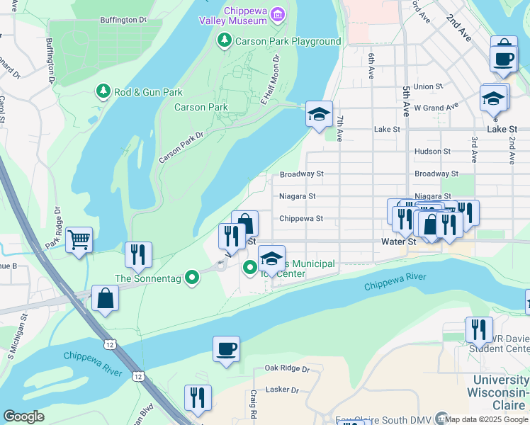 map of restaurants, bars, coffee shops, grocery stores, and more near 308 9th Avenue in Eau Claire