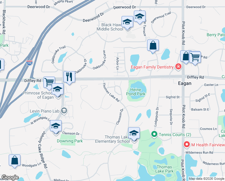 map of restaurants, bars, coffee shops, grocery stores, and more near 4242 Boulder Ridge Point in Eagan