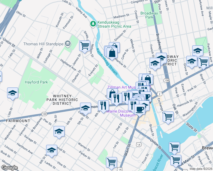 map of restaurants, bars, coffee shops, grocery stores, and more near 97 Court Street in Bangor
