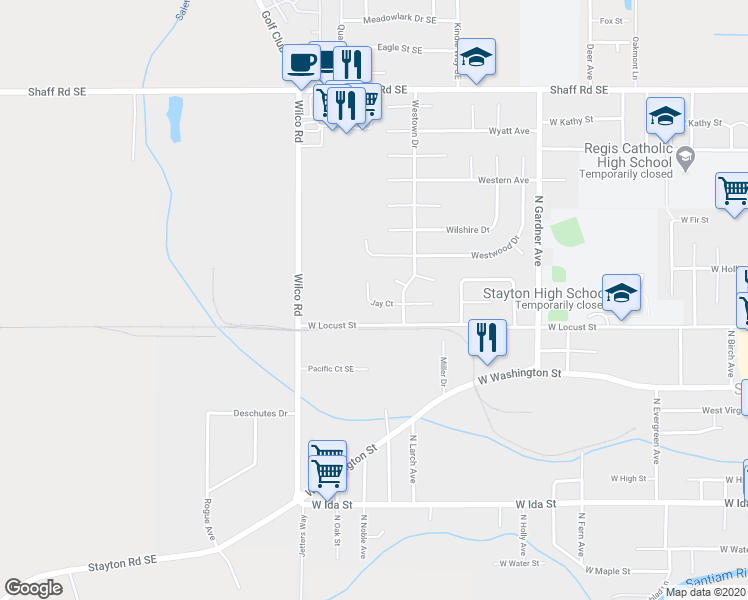 map of restaurants, bars, coffee shops, grocery stores, and more near 1551 Jay Court in Stayton
