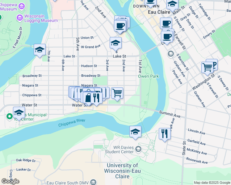 map of restaurants, bars, coffee shops, grocery stores, and more near 230 Chippewa Street in Eau Claire