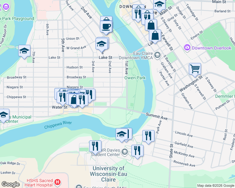 map of restaurants, bars, coffee shops, grocery stores, and more near 144 Chippewa Street in Eau Claire