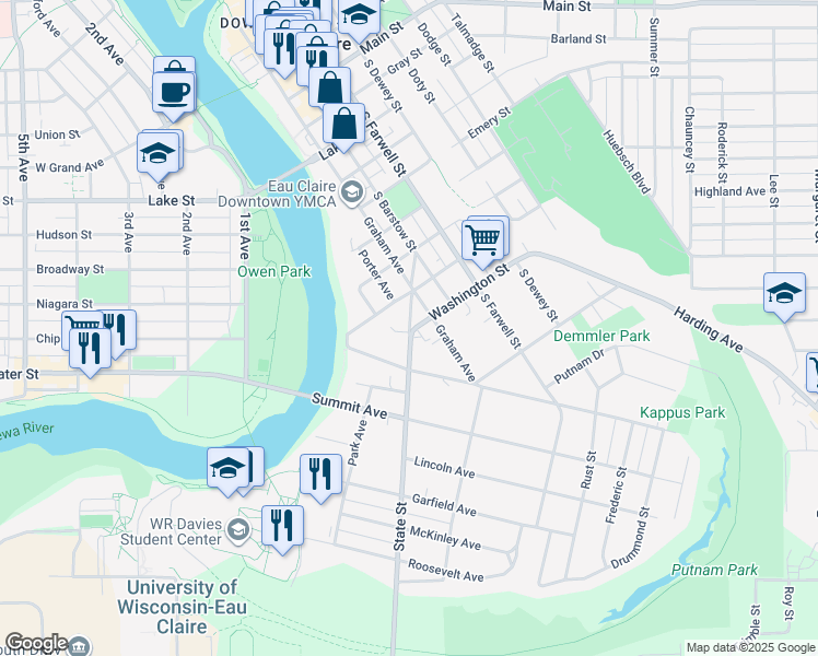 map of restaurants, bars, coffee shops, grocery stores, and more near 111 Washington Street in Eau Claire