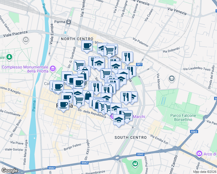 map of restaurants, bars, coffee shops, grocery stores, and more near 2-6 Borgo Pace in Parma