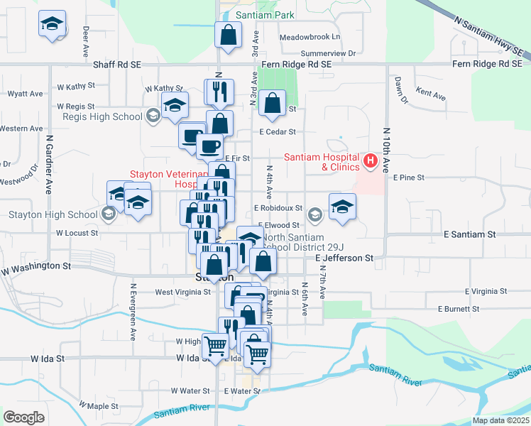 map of restaurants, bars, coffee shops, grocery stores, and more near 350 E Robidoux St in Stayton