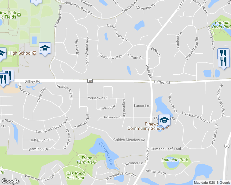 map of restaurants, bars, coffee shops, grocery stores, and more near 4353 Yorktown Drive in Eagan