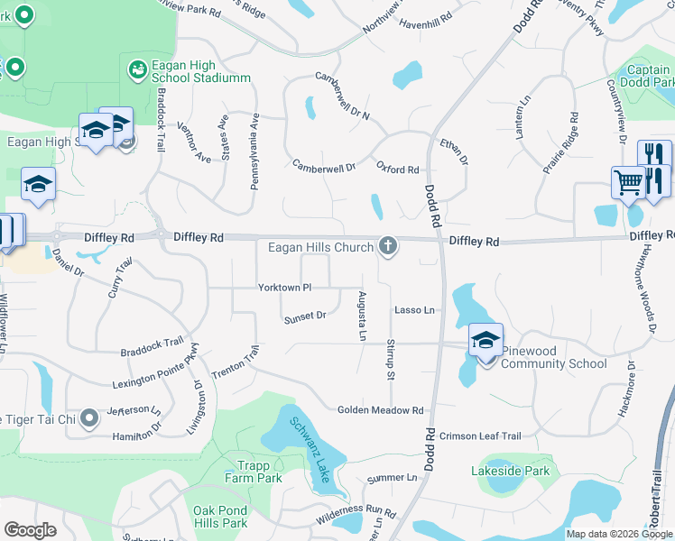 map of restaurants, bars, coffee shops, grocery stores, and more near 4353 Yorktown Drive in Eagan