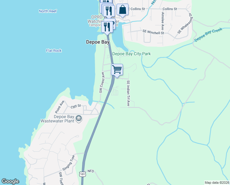 map of restaurants, bars, coffee shops, grocery stores, and more near 628 Painter Lane in Depoe Bay