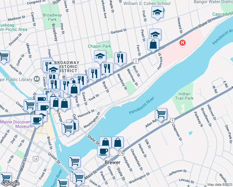 map of restaurants, bars, coffee shops, grocery stores, and more near 44 Boyd Street in Bangor