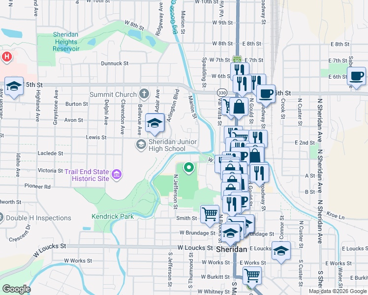 map of restaurants, bars, coffee shops, grocery stores, and more near 262-276 Lewis Street in Sheridan