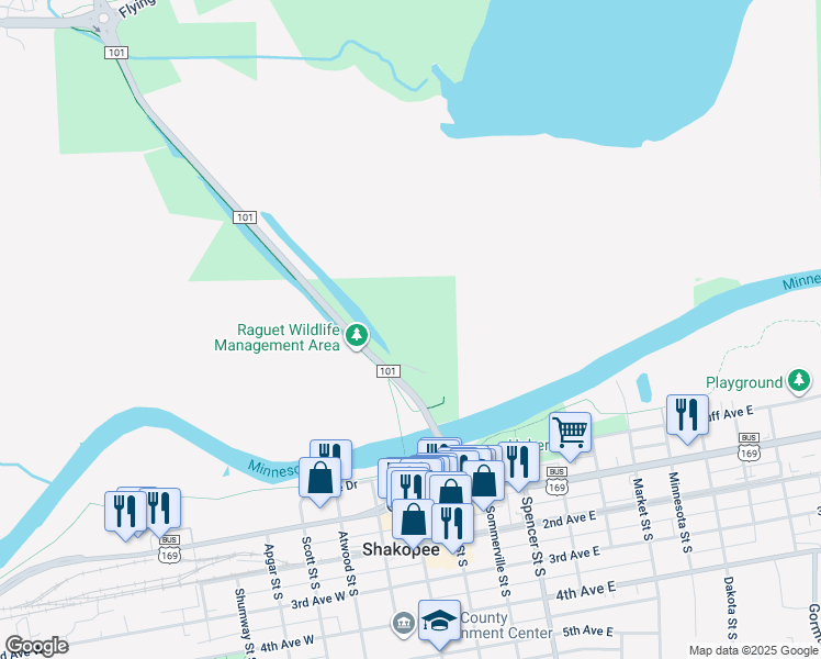map of restaurants, bars, coffee shops, grocery stores, and more near 5981 County Highway 101 in Shakopee