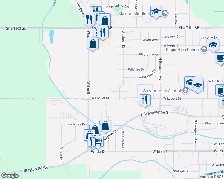 map of restaurants, bars, coffee shops, grocery stores, and more near 1531-1551 Jay Court in Stayton