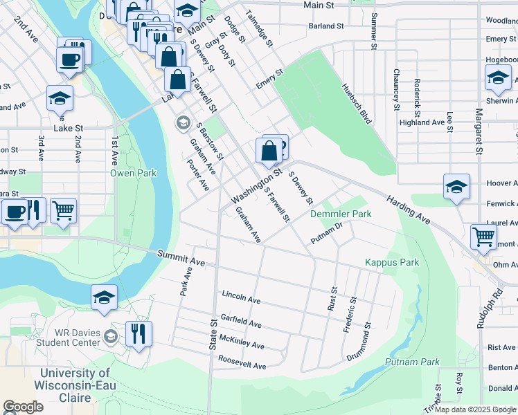 map of restaurants, bars, coffee shops, grocery stores, and more near 304 Marston Court in Eau Claire