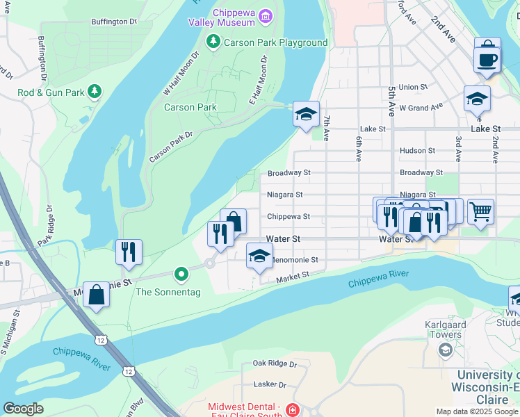 map of restaurants, bars, coffee shops, grocery stores, and more near 308 9th Avenue in Eau Claire