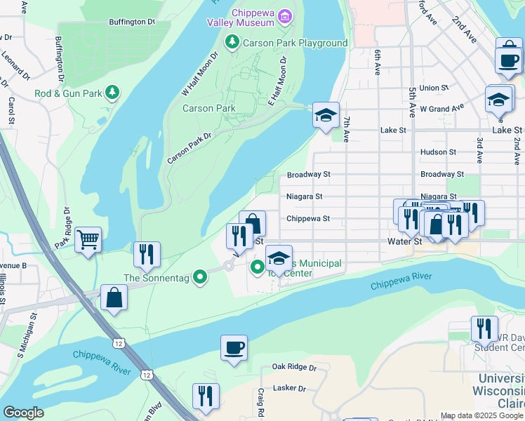map of restaurants, bars, coffee shops, grocery stores, and more near 930 Lakeside Ave in Eau Claire