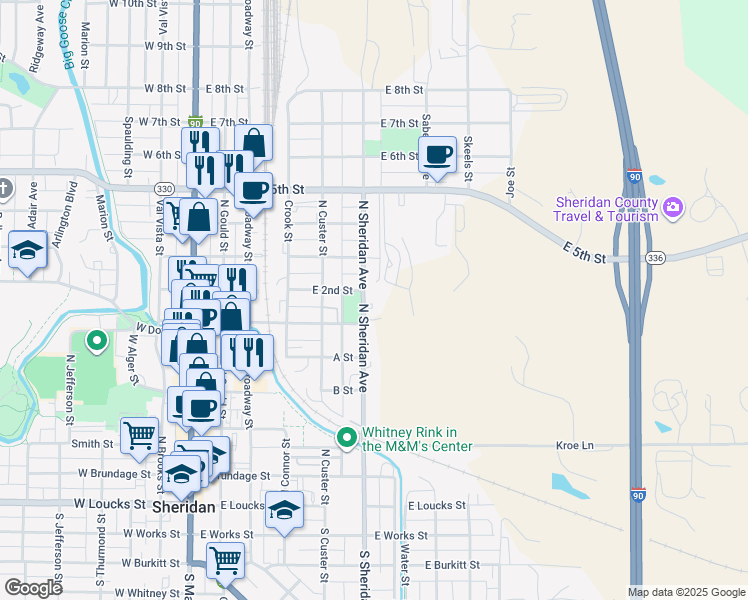 map of restaurants, bars, coffee shops, grocery stores, and more near 505 North Sheridan Avenue in Sheridan