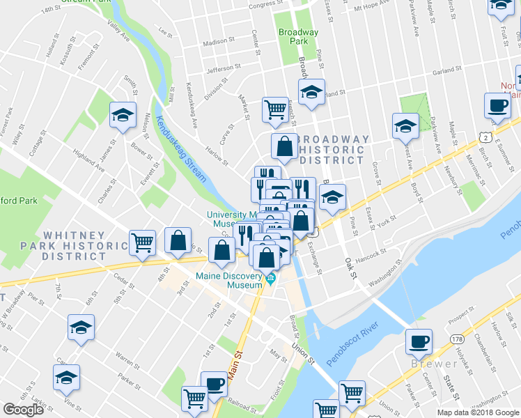 map of restaurants, bars, coffee shops, grocery stores, and more near 123 Franklin Street in Bangor