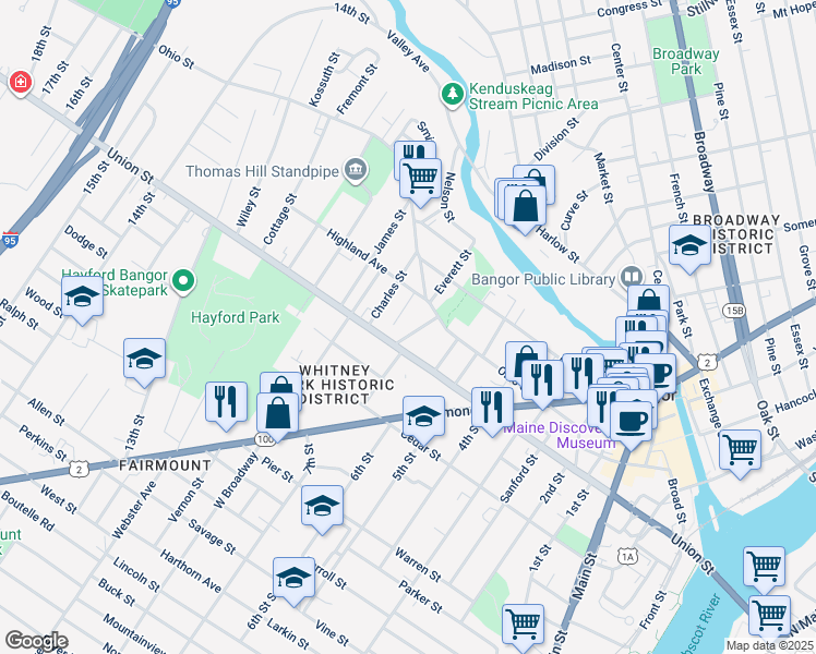 map of restaurants, bars, coffee shops, grocery stores, and more near 27 George Street in Bangor
