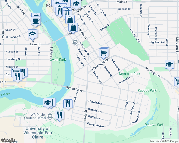 map of restaurants, bars, coffee shops, grocery stores, and more near 111 Washington Street in Eau Claire
