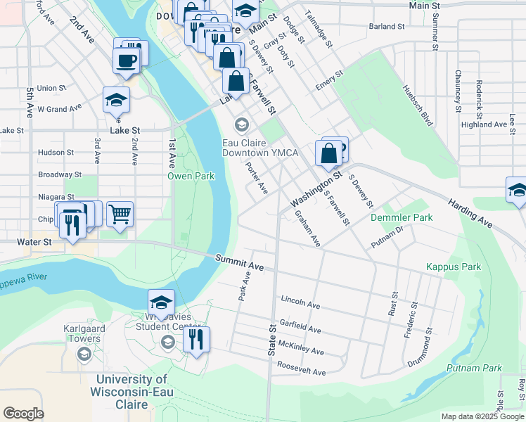 map of restaurants, bars, coffee shops, grocery stores, and more near 135 Marston Avenue in Eau Claire