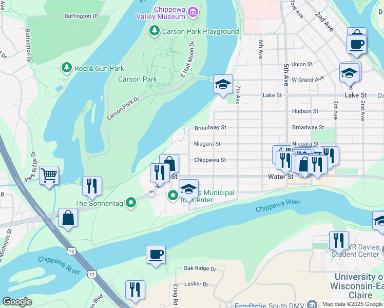 map of restaurants, bars, coffee shops, grocery stores, and more near 308 9th Avenue in Eau Claire