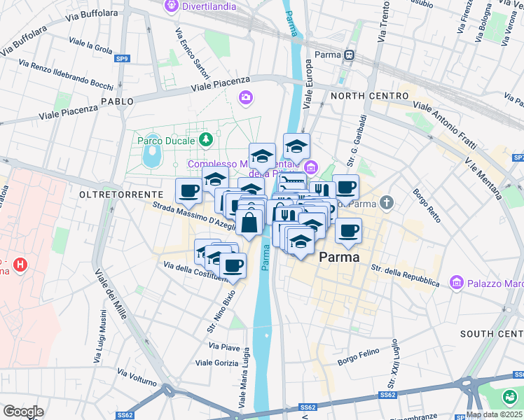 map of restaurants, bars, coffee shops, grocery stores, and more near 10 Via dei Farnese in Parma