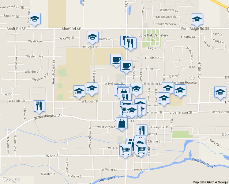 map of restaurants, bars, coffee shops, grocery stores, and more near 1215-1217 Birch Ct in Stayton