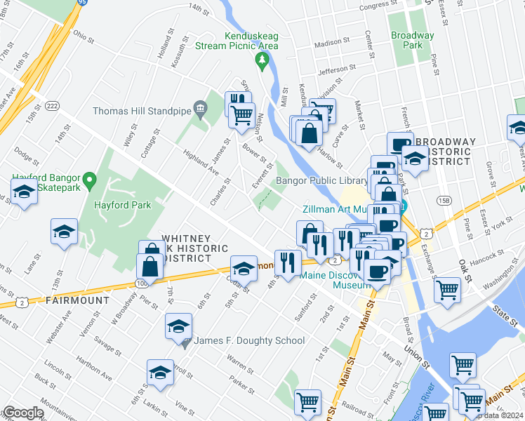 map of restaurants, bars, coffee shops, grocery stores, and more near 97 Ohio Street in Bangor
