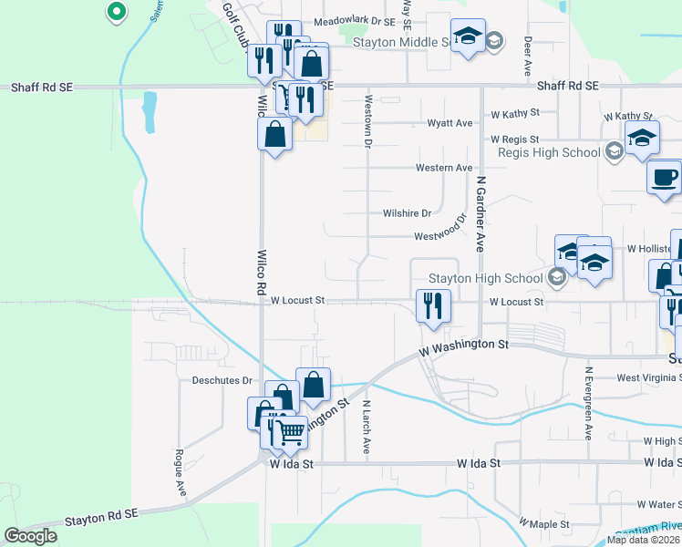 map of restaurants, bars, coffee shops, grocery stores, and more near 1521-1523 Jay Court in Stayton