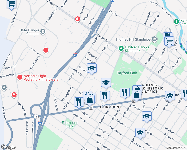 map of restaurants, bars, coffee shops, grocery stores, and more near 224 14th Street in Bangor