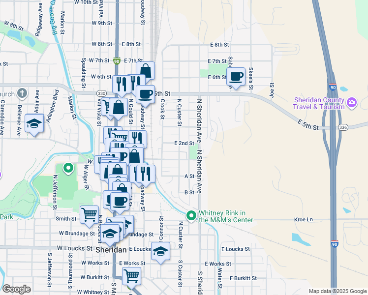 map of restaurants, bars, coffee shops, grocery stores, and more near 553 North Custer Street in Sheridan