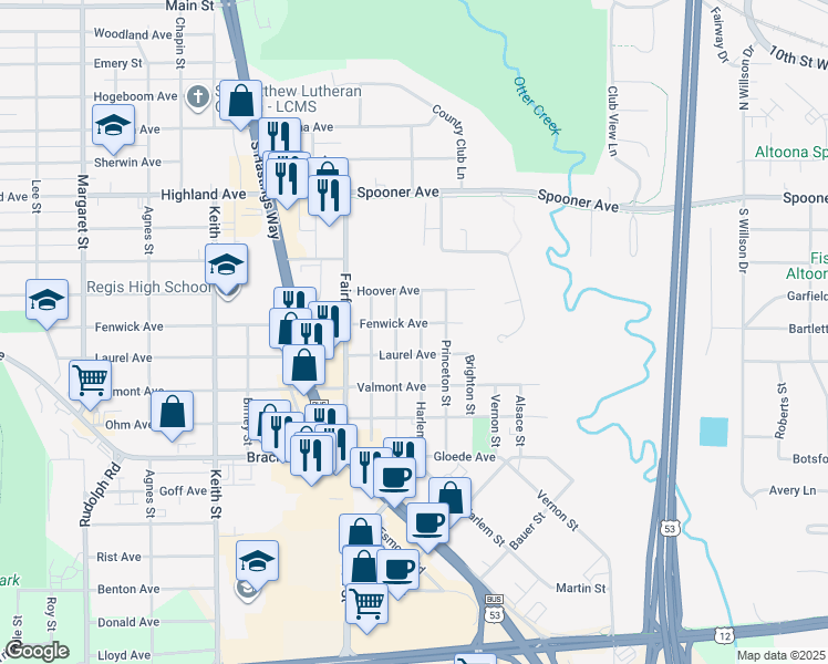 map of restaurants, bars, coffee shops, grocery stores, and more near 3503 Fenwick Avenue in Altoona