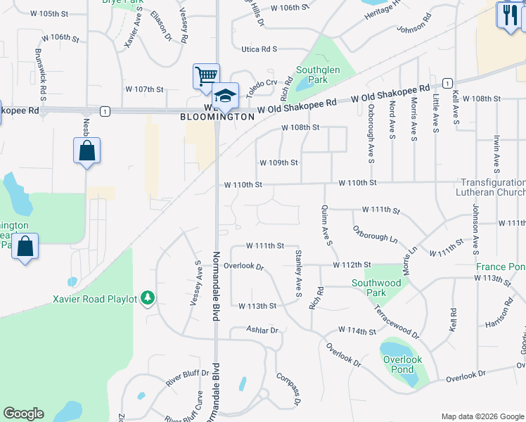 map of restaurants, bars, coffee shops, grocery stores, and more near 11046 Stanley Curve in Bloomington
