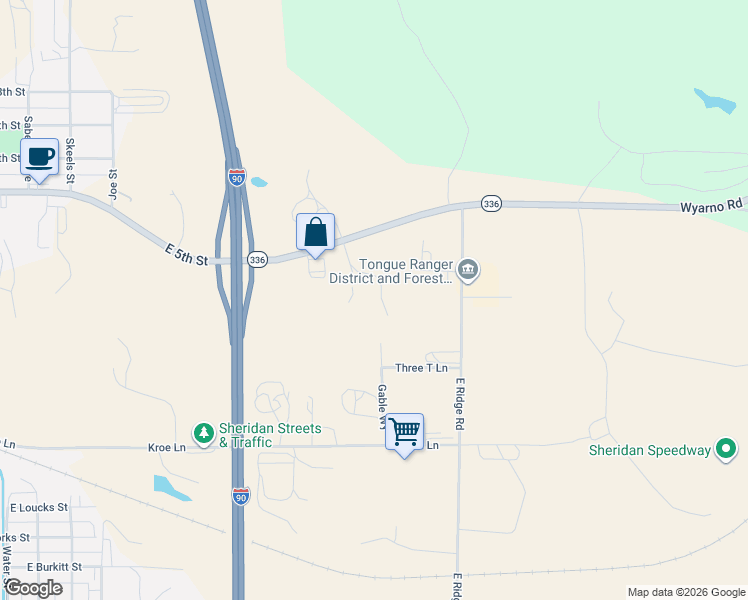 map of restaurants, bars, coffee shops, grocery stores, and more near 1912 Double Eagle Drive in Sheridan