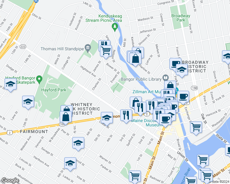 map of restaurants, bars, coffee shops, grocery stores, and more near 99 Ohio Street in Bangor