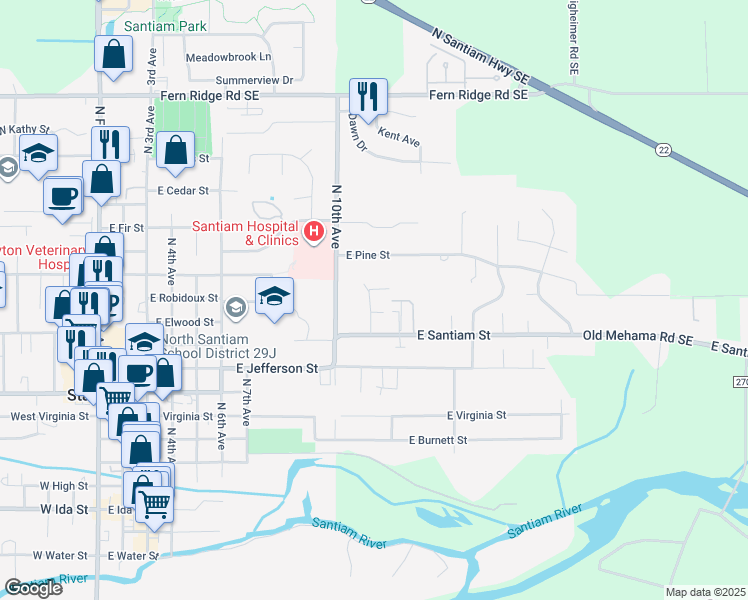 map of restaurants, bars, coffee shops, grocery stores, and more near 1046 Ridgefield Court in Stayton