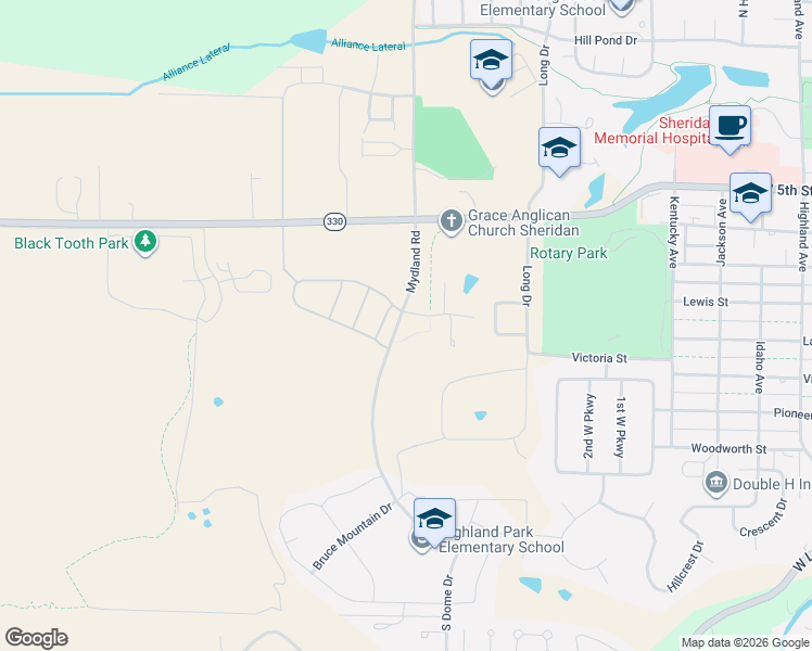 map of restaurants, bars, coffee shops, grocery stores, and more near 106 Mydland Road in Sheridan
