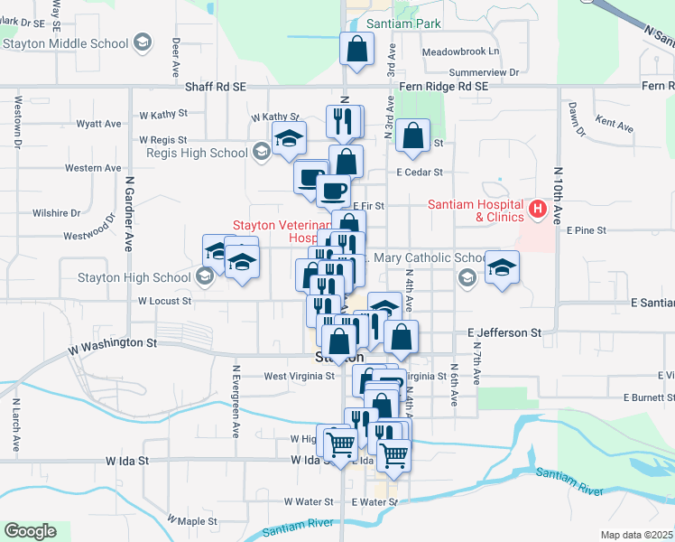 map of restaurants, bars, coffee shops, grocery stores, and more near 1203 North First Avenue in Stayton