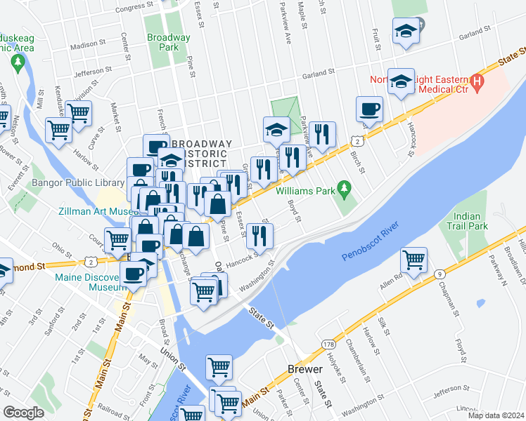 map of restaurants, bars, coffee shops, grocery stores, and more near 17 Adams Street in Bangor
