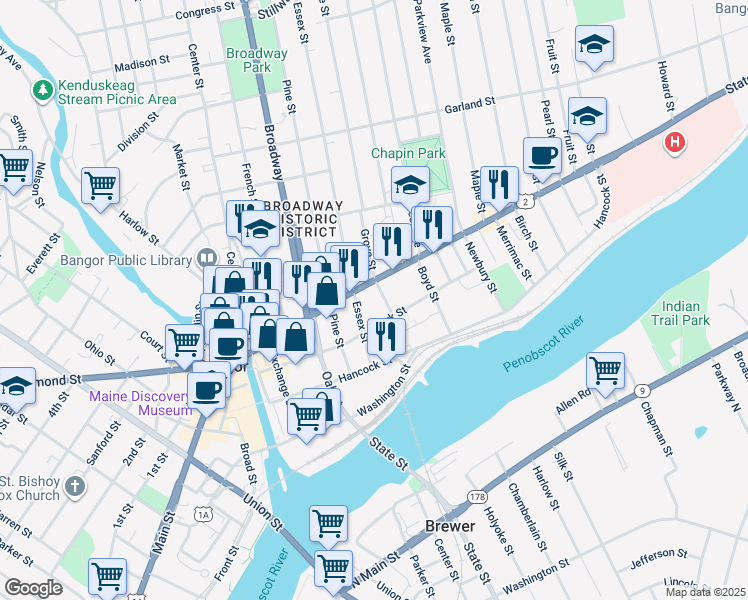 map of restaurants, bars, coffee shops, grocery stores, and more near 17 Adams Street in Bangor